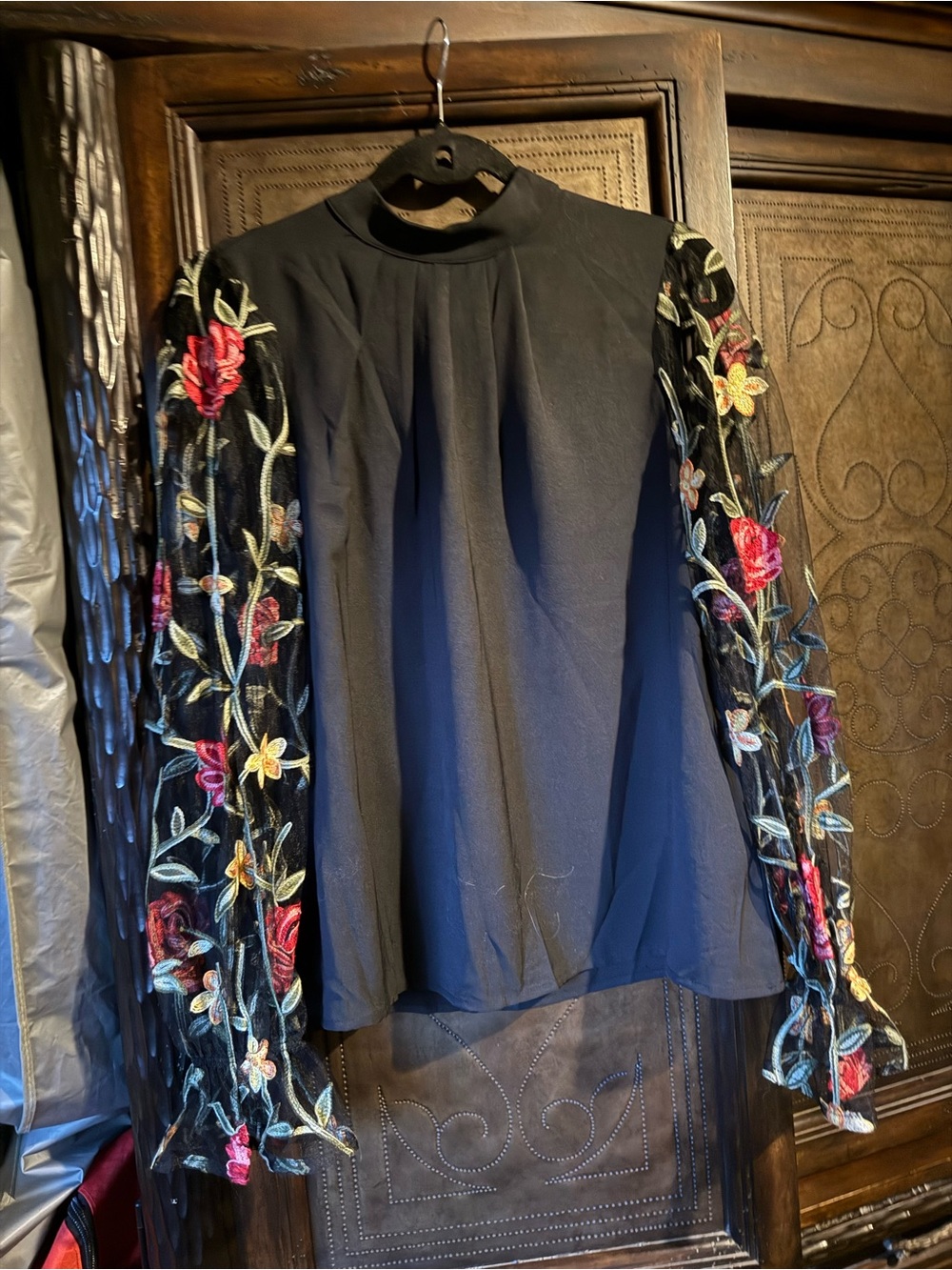 Black Blouse with Floral Embroidered Mesh Sleeves